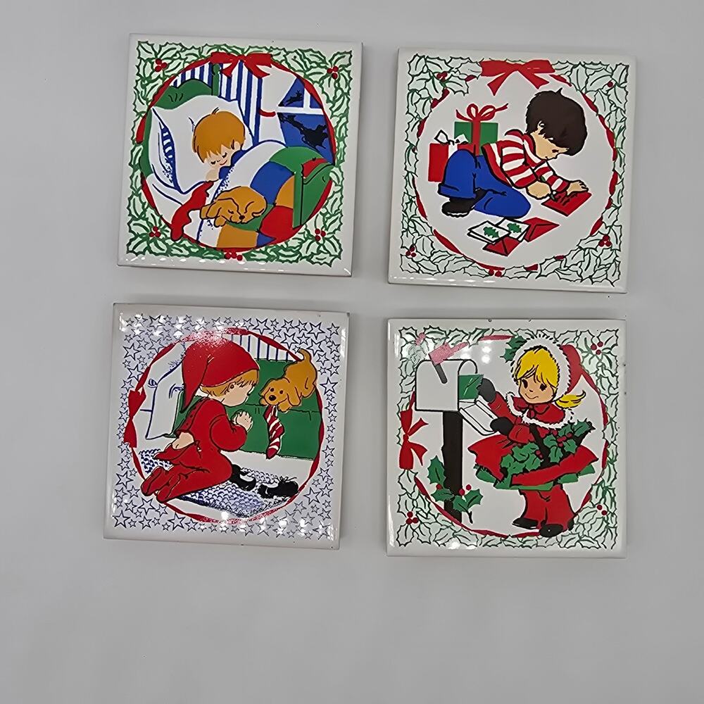 Vintage Jasco Lot of 4 Tile Trivets Christmas Girl at Mailbox Boy Praying Taiwan